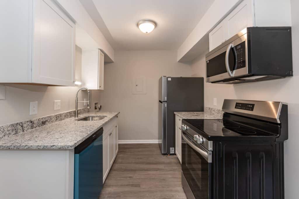 Modern galley kitchen with white cabinets, stainless steel appliances, granite countertops, and wood-look flooring under a central ceiling light.